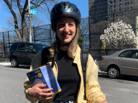 Student nurse on bike.